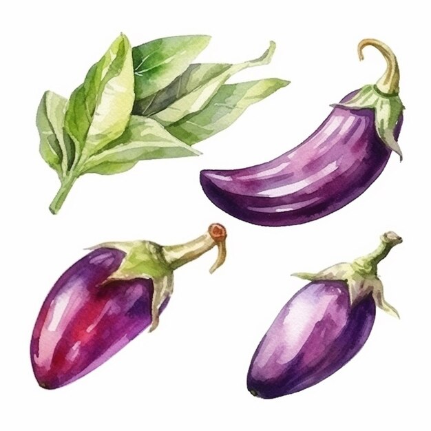 Vector watercolor brinjal eggplant vector art 2023 vegetables watercolor onions garlic clove turnip