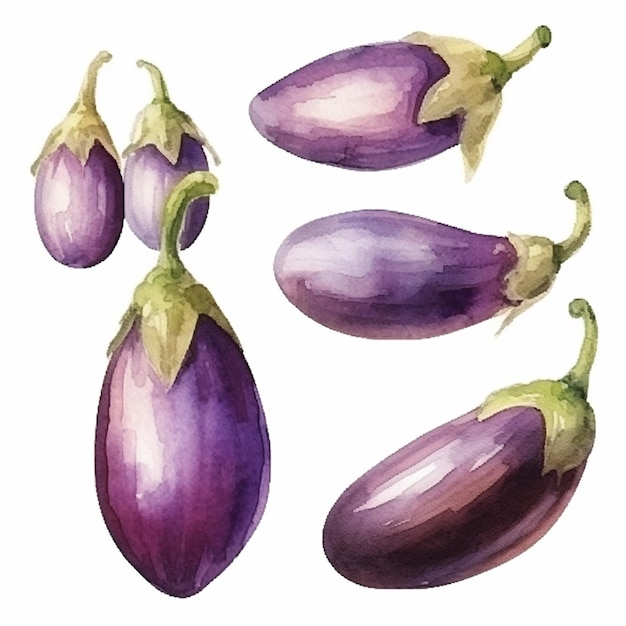 Vector watercolor brinjal eggplant vector art 2023 vegetables watercolor onions garlic clove turnip