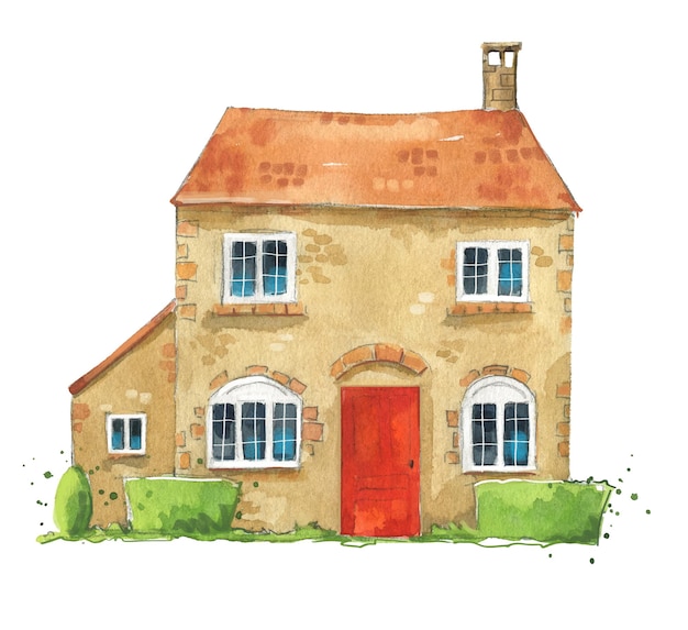 Watercolor British old brick cottage, English traditional architecture