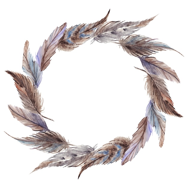 Watercolor brown gray grey feather wreath vector isolated