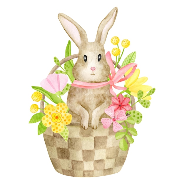 Watercolor brown rabbit in floral basket illustration