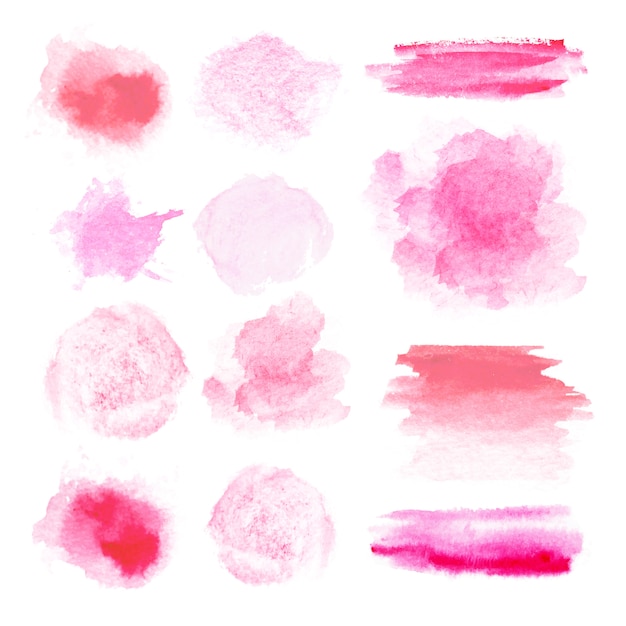 Vector watercolor brush. set of many different red and pink brush stroke textures for design.  spots on a white background. round, rectangle, strip.