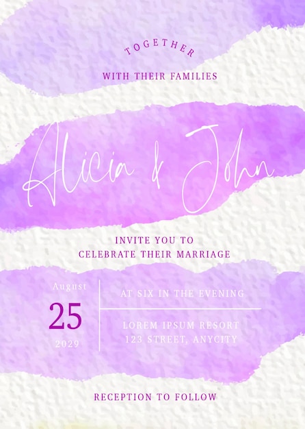 Vector watercolor brushes stroke pinkish purple vibe wedding invitation template mockup