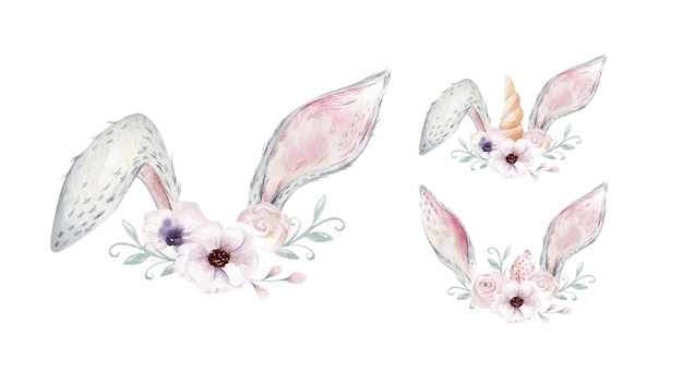 수채화 토끼 귀 부활절 장식 설정 손으로 그린 그림