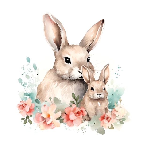 水彩のウサギの母と赤ちゃんが白い背景で 母の日