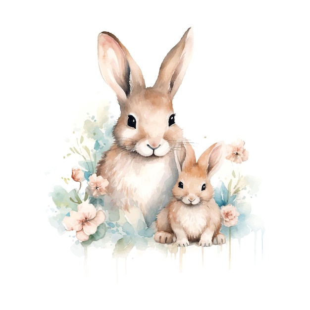 水彩のウサギの母と赤ちゃんが白い背景で 母の日