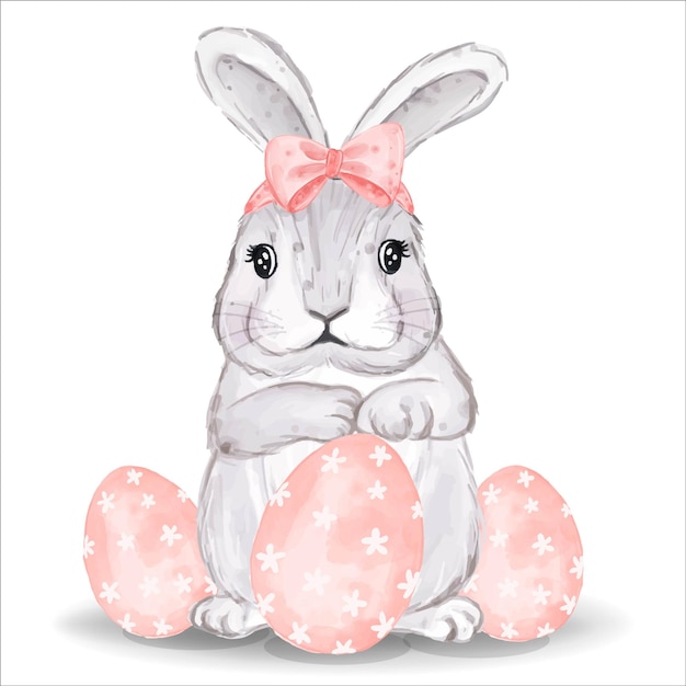 Watercolor bunny with pink eggs