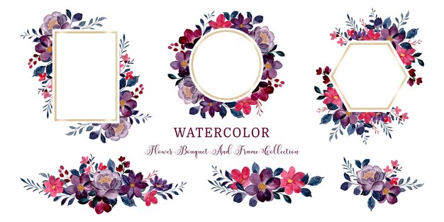 Vector watercolor burgundy flower frame and bouquet collection