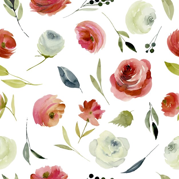 Watercolor burgundy and white roses seamles pattern