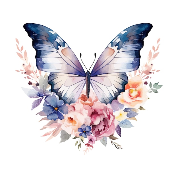 Watercolor butterfly and floral clipart white background