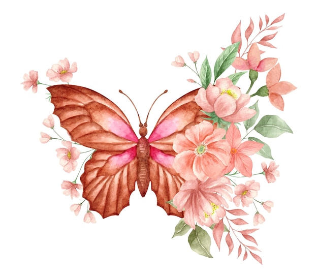 Watercolor butterfly with lovely floral ornamental decoration