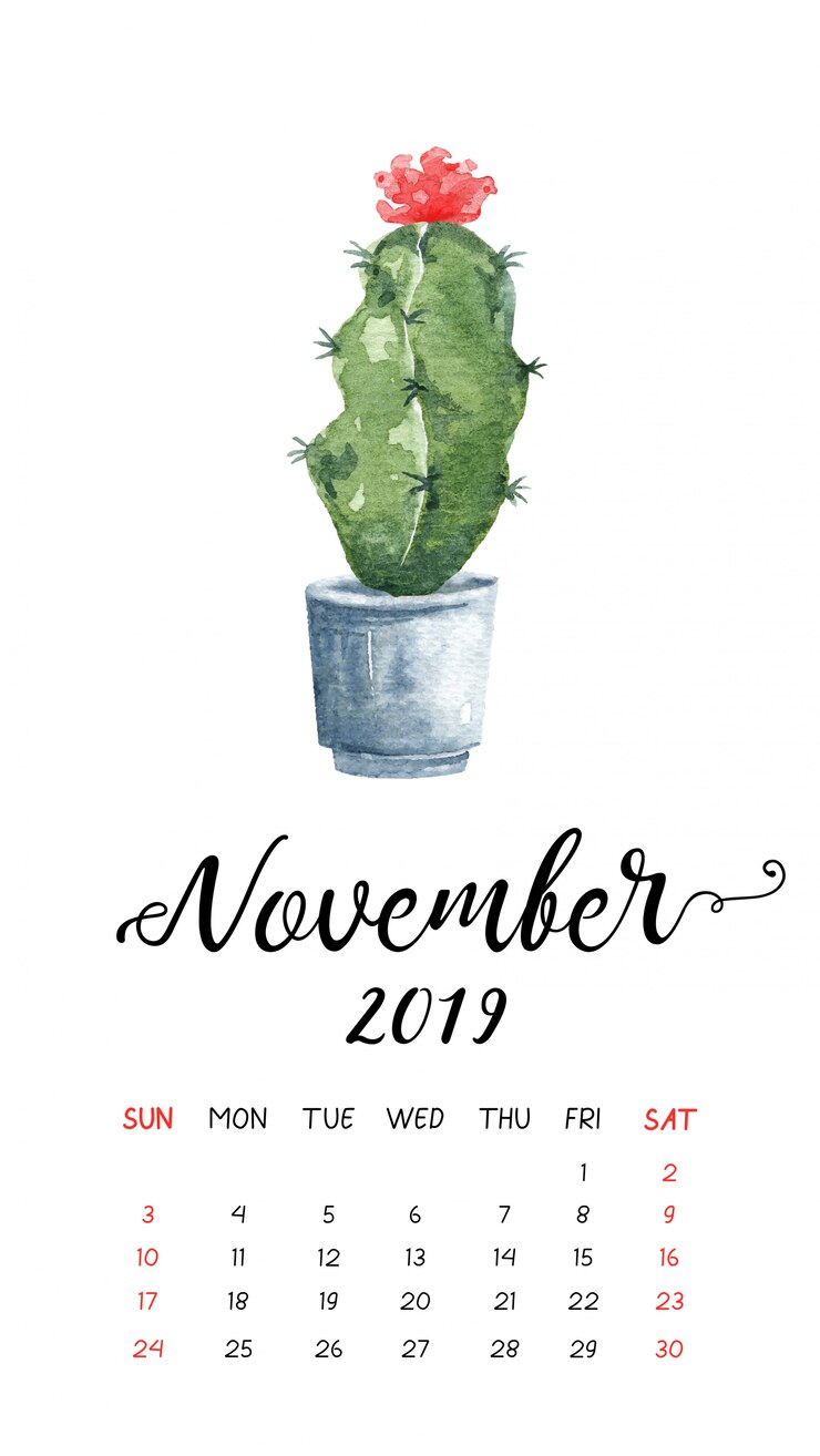 Vector watercolor cactus calendar for november 2019.