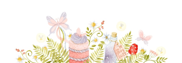 Watercolor cake with cream fairy dust bottle butterfly ferns and mushrooms banner