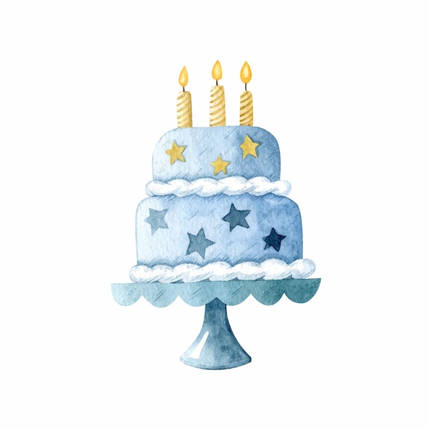 Watercolor cake with three candles vector clipart happy birthday greeting illustration