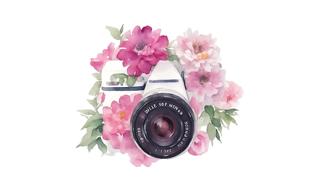 水彩カメラと蝶花の花束とビンテージ写真カメラ