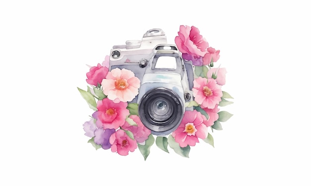 ベクトル 水彩カメラと蝶花の花束とビンテージ写真カメラ