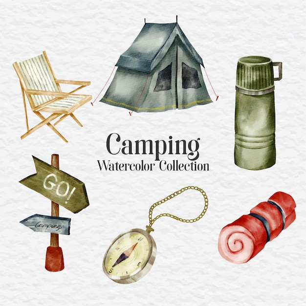 Vector watercolor camping element collection set clip art