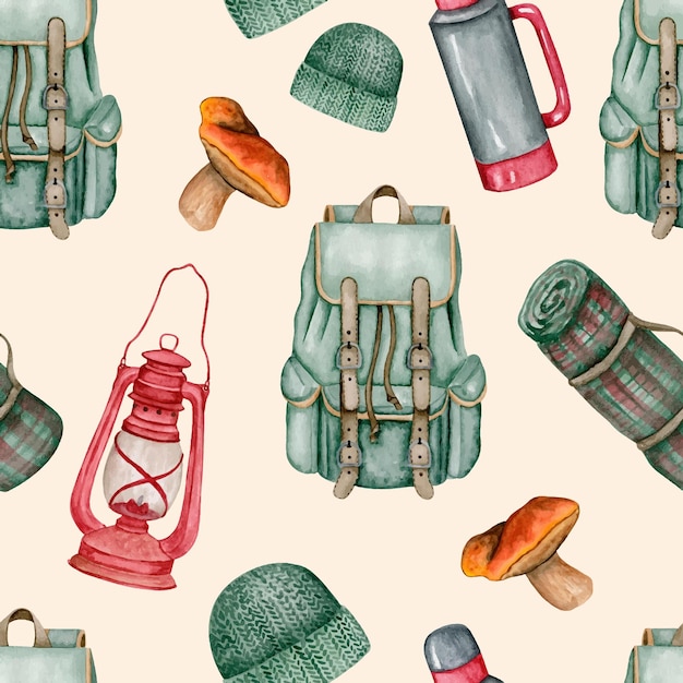 수채화 캠핑 요소 원활한 패턴 배낭 뜨개질 모자 보온병 버섯 등유 램프