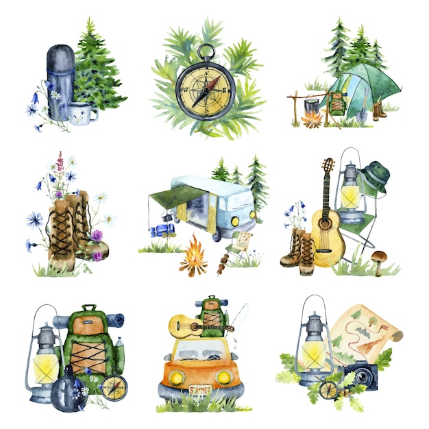 Watercolor camping illustrations set isolated on a white background