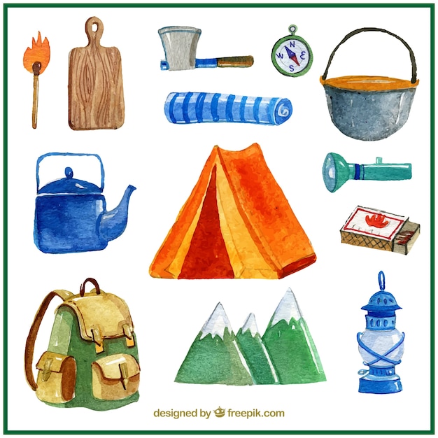 Watercolor camping tent and campsite elements