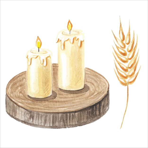 Watercolor candles on a wooden stand with spica