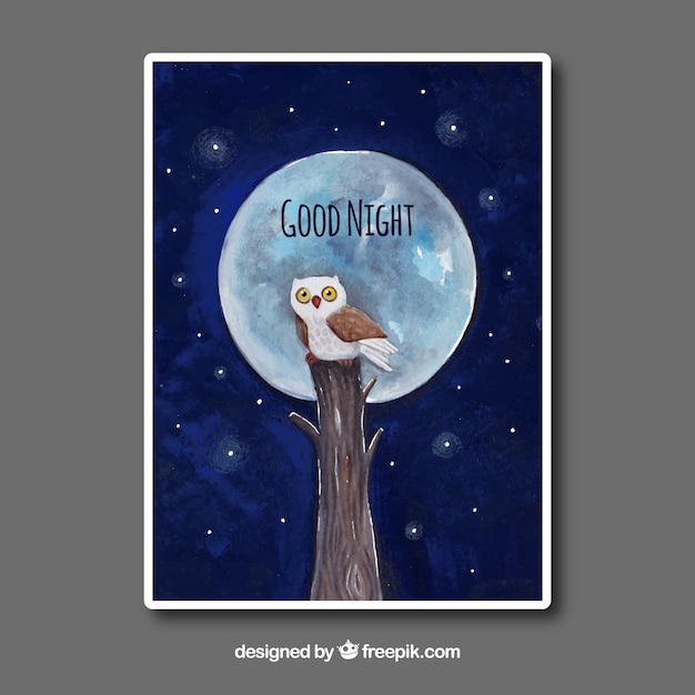 Vector watercolor card with owl and moon