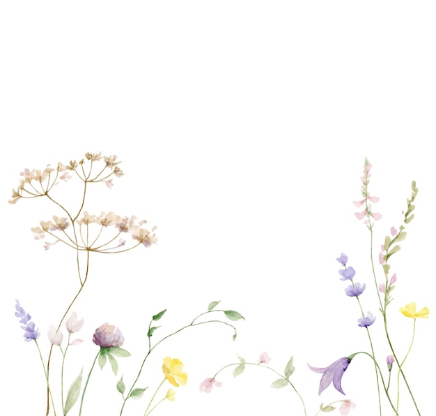 Акварельная открытка с полевыми цветами и листьями