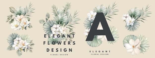 花と葉を描いた水彩カードのデザインテンプレート