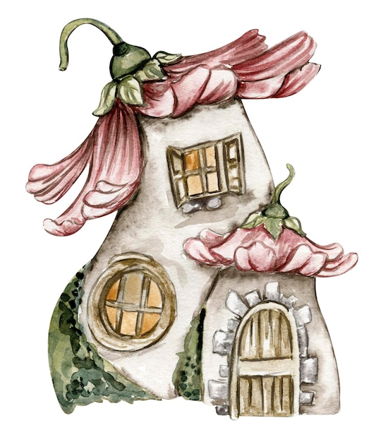 Watercolor cartoon fairy tale mushroom house with wooden door.