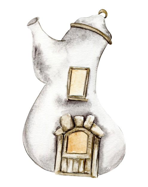 Watercolor cartoon fairy tale mushroom house with wooden door.