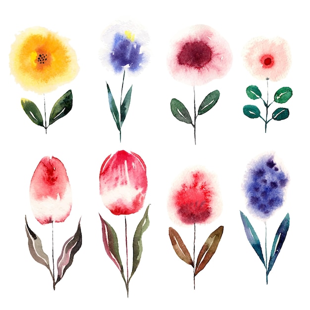 Watercolor cartoon flowers set Vector illustration