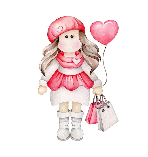 Watercolor cartoon girl with heart balloon and shopping bags