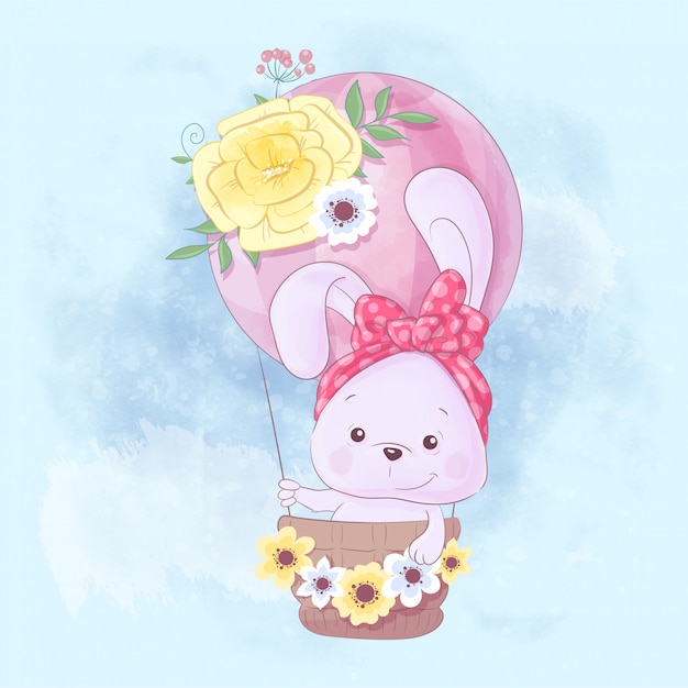 Watercolor cartoon illustration of a cute rabbit in a balloon