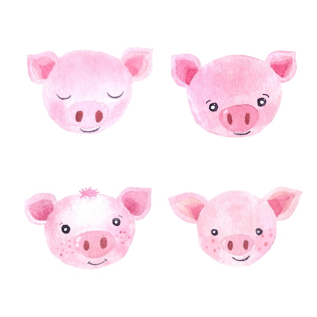 Watercolor cartoon little pigs characters set isolated on white
