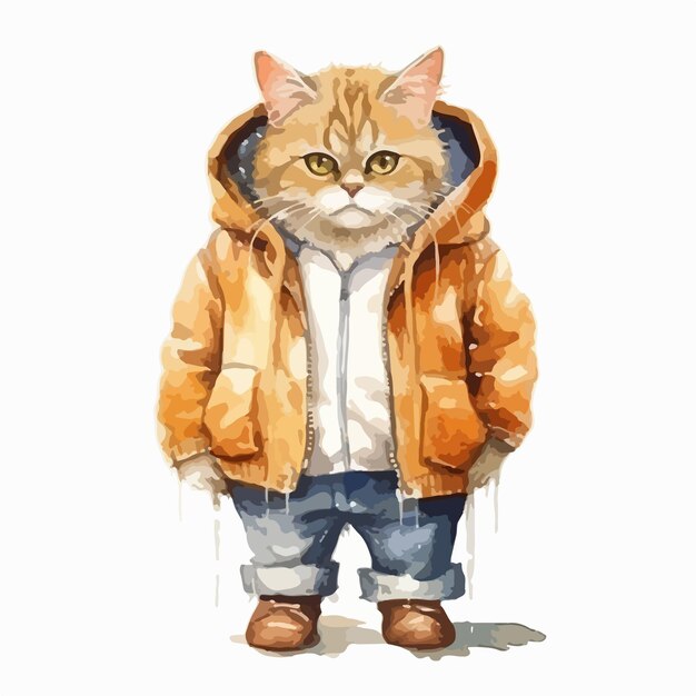 Vector watercolor cat wearing clothes playfull funny white background isolated