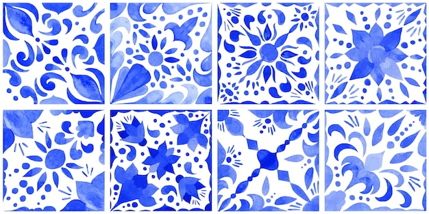 Watercolor ceramic tile stylization with blue ornaments azulejos portugal turkish ornament