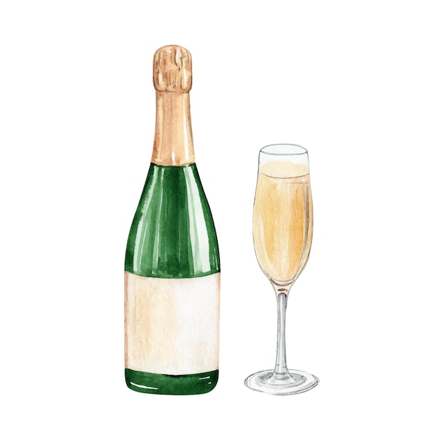 Vector watercolor champagne bottle and glass isolated on white background