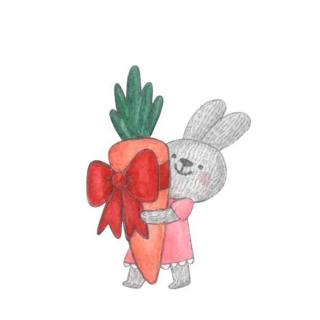 Watercolor character  cute bunny with carrot gift in her hands