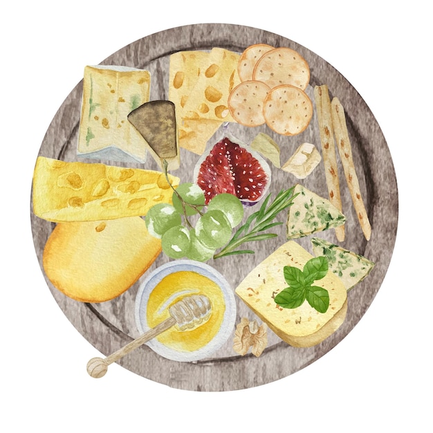 Watercolor cheese board for logo. Gourmet composition natural cheese. Cheese assortment with nuts