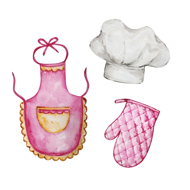 Vector watercolor chef hat apron and potholder set