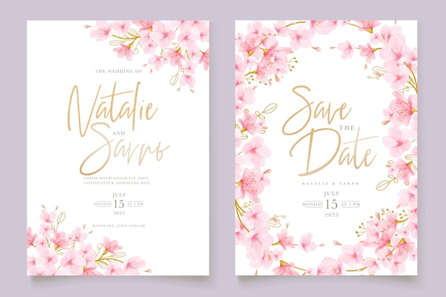 Watercolor cherry blossom floral and leaves card set