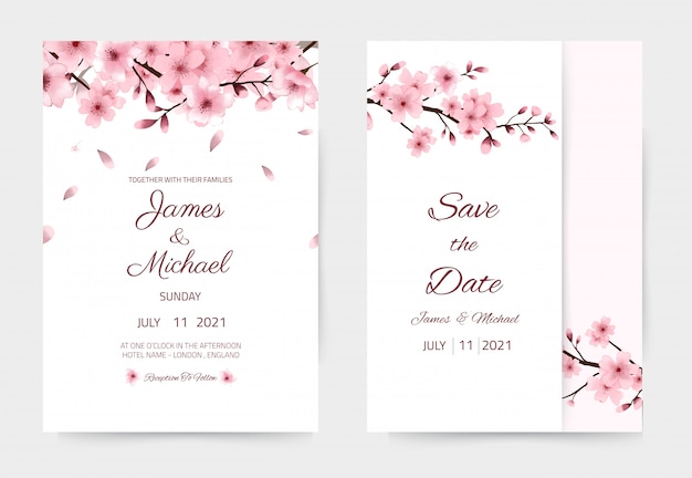 Vector watercolor cherry blossom wedding invitation card. beautiful and modern design. can be used as a card holder. sakura flower