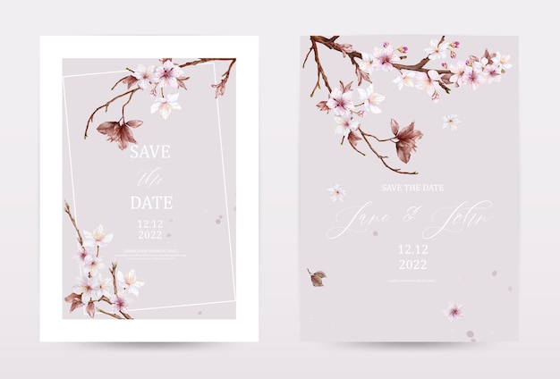 Watercolor cherry blossoms invitation viva magenta template cards set