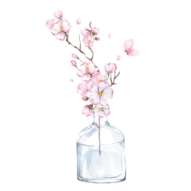 Watercolor of cherry blossoms in vaseSakura of Japan blooming refreshingBouquet sakura flowers