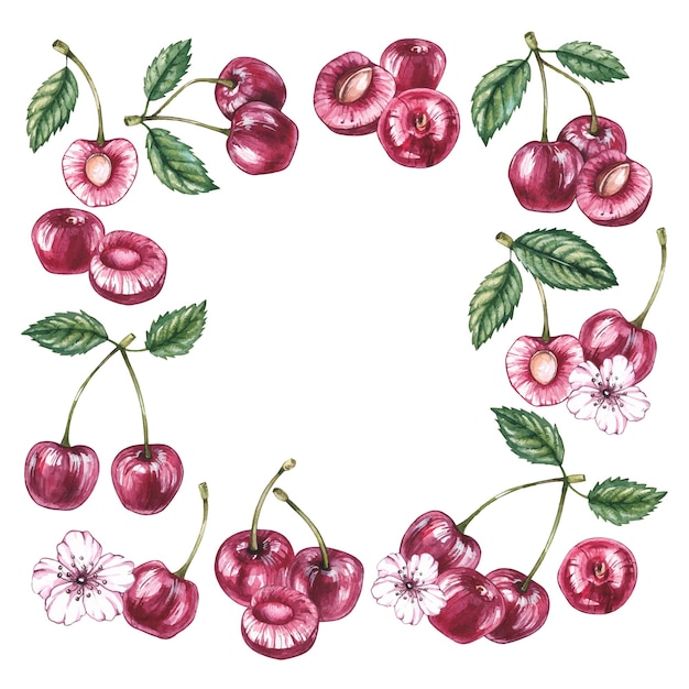 Watercolor cherry frame on a white background