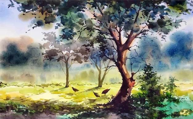 Vector watercolor chicken are playing under the tree hand art