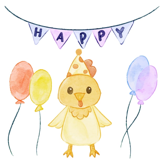 Vettore pollo dell'acquerello - festa di compleanno
