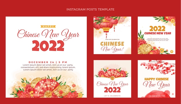 Vector watercolor chinese new year instagram posts collection