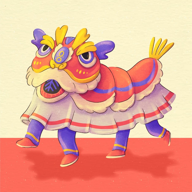 Vector watercolor chinese new year lion dance illustration