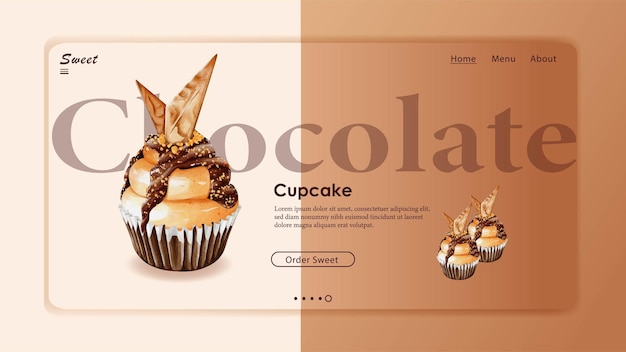 チョコレートカスタードカップケーキウェブサイトテンプレートベクトルデザインの水彩画